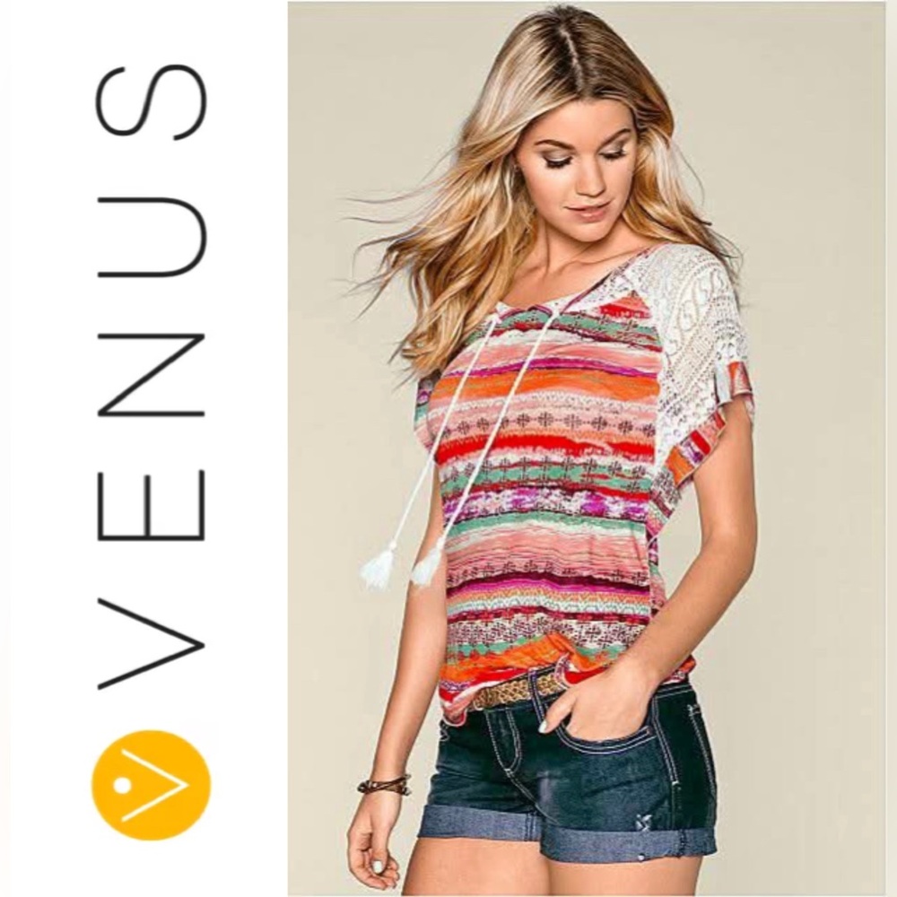 VENUS Colorful Printed Lace Flutter Sleeve Top, EUC, Size XS
